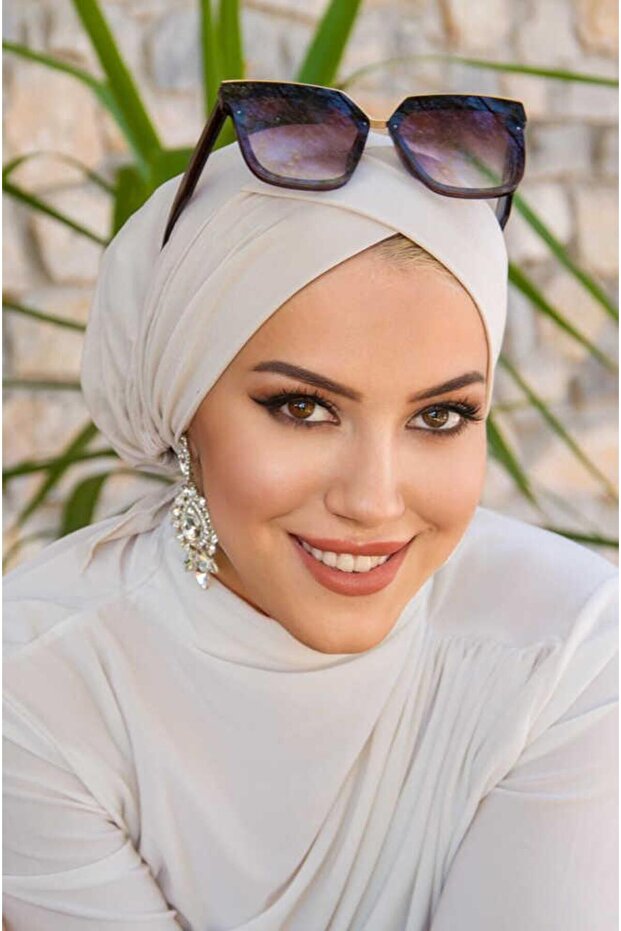 Ekru Çapraz Bantlı Bone - 2