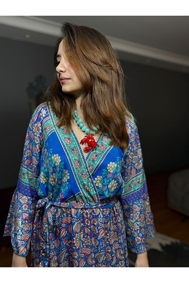 Etnik Desenli Kaftan İthal İpek Elbise - 4