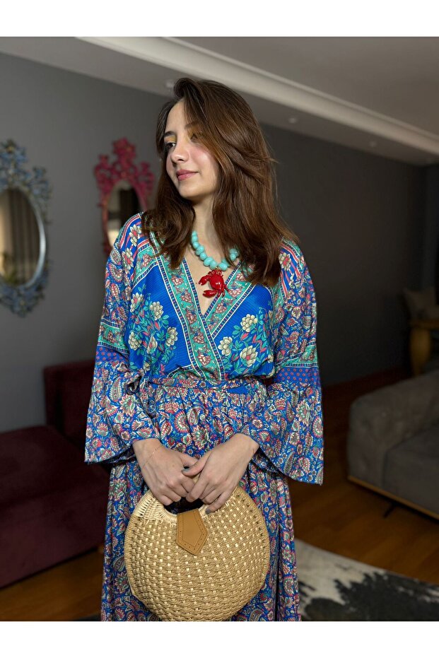 Etnik Desenli Kaftan İthal İpek Elbise - 6