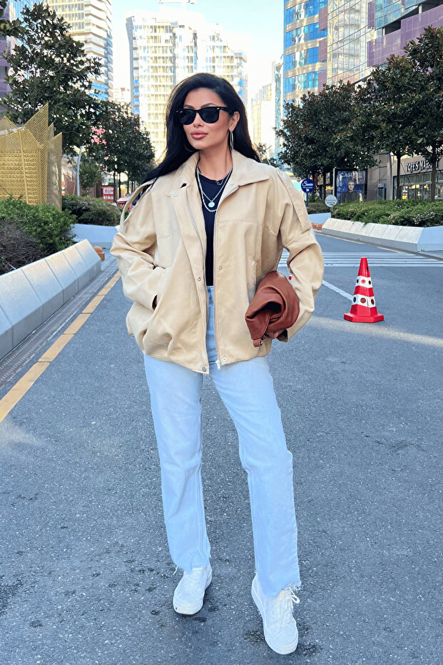 Woven Suede Fabric Epaulet Bomber Jacket - Cream