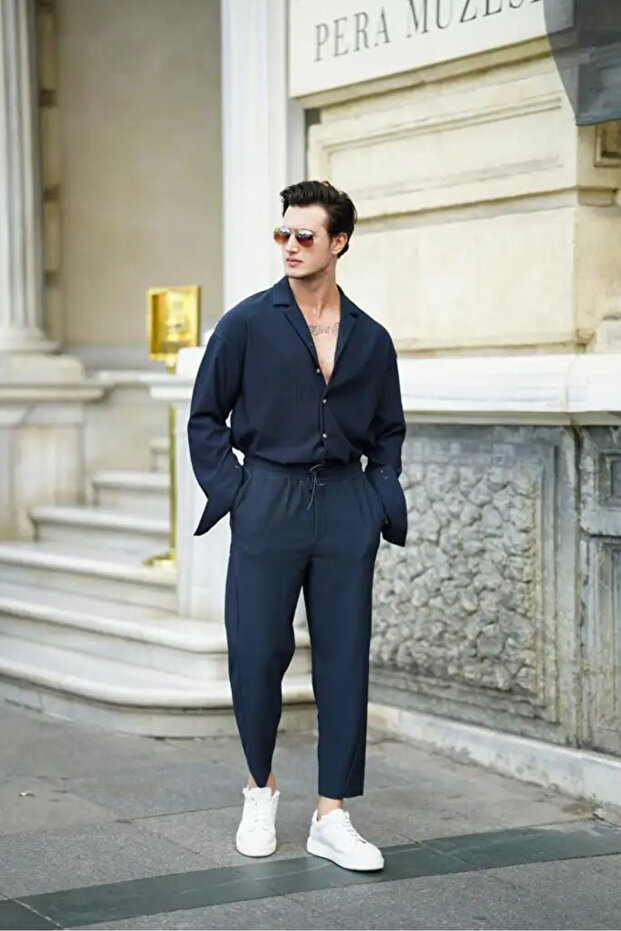 Men's Navy Blue Asymmetrical Leg Wick Patterned Top and Bottom Set