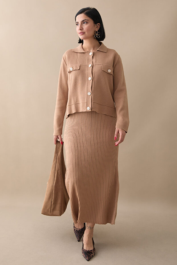 Ceketli Elbiseli Camel Triko Takım - 6