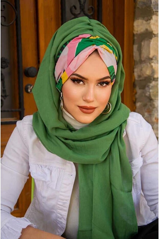 Spring Green Floral Print Ruched Ready-Made Shawl