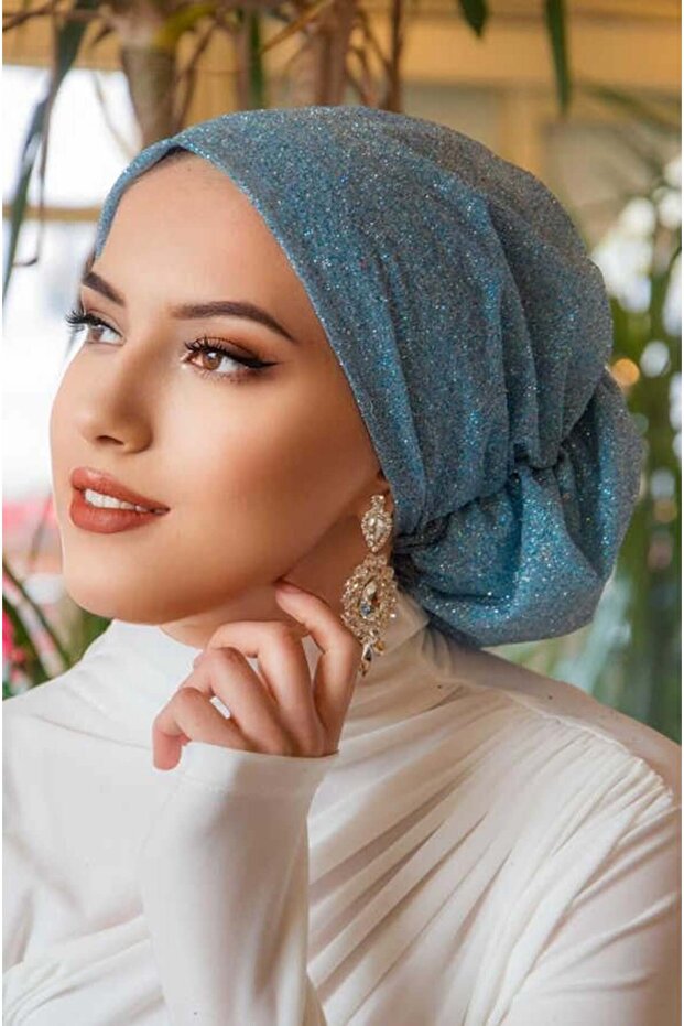 Baby Blue Glitter Evening Dress Ready Turban