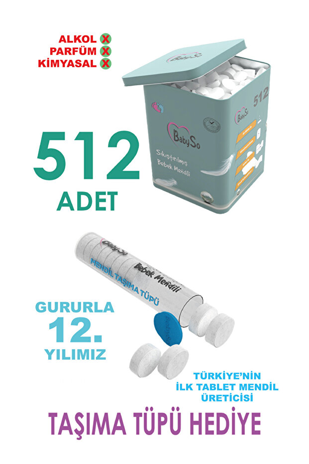 BABYSO Sıkıştırılmış Bebek Mendili 512 Adet Metal Kutulu