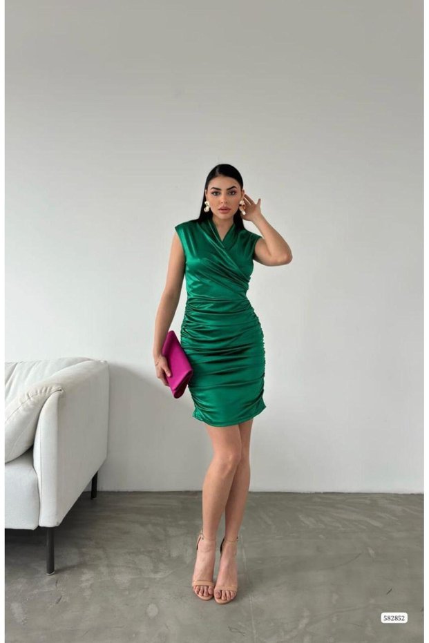 Women's Double Breasted Neck Sleeveless Shirring Detail Satin Dress(Colorful)