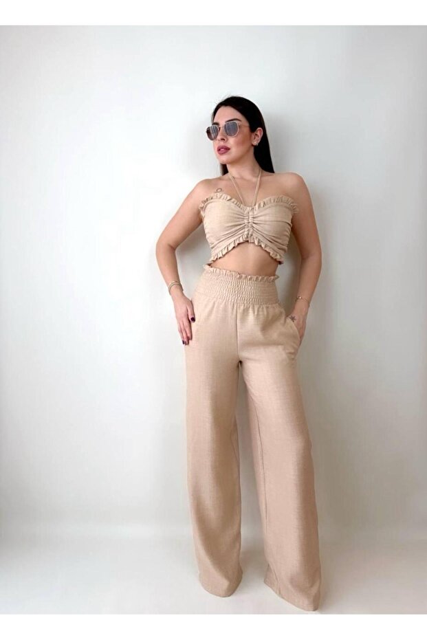 Women's Linen Fabric Elastic Crop and Trousers Double Set (Colorful)