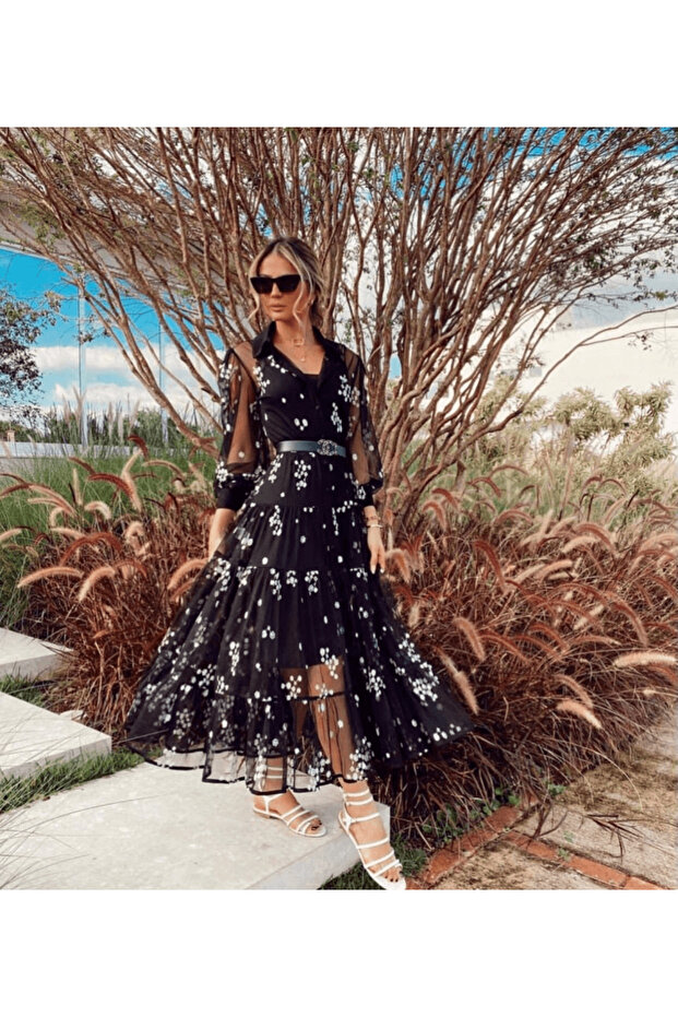 Women's Black Lined Imported Flocked Fabric Wedding, Engagement Evening Dress
