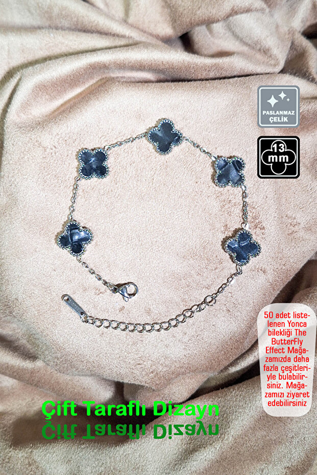 🍀 4 Leaf Clover Steel Bracelet 🎨 Black Silver Pearlescent