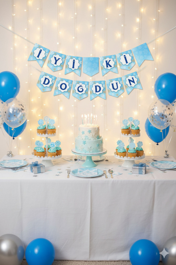 Happy Birthday with Snowflake Text and Gold Detail