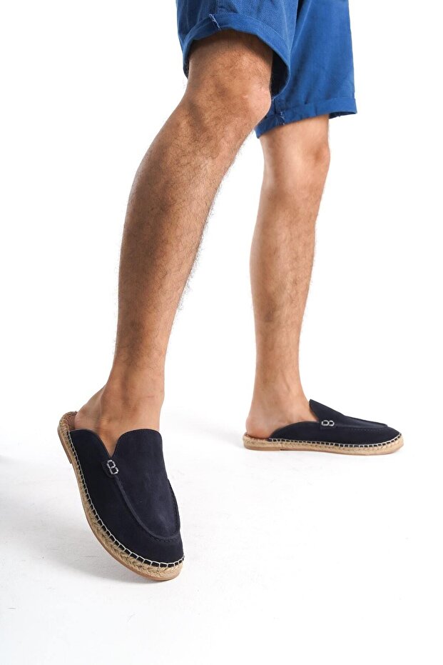 Genuine Leather Summer Men's Suede Closed Front Jute Sole Navy Blue Espadrille Slippers -Mssr3416-Lcv