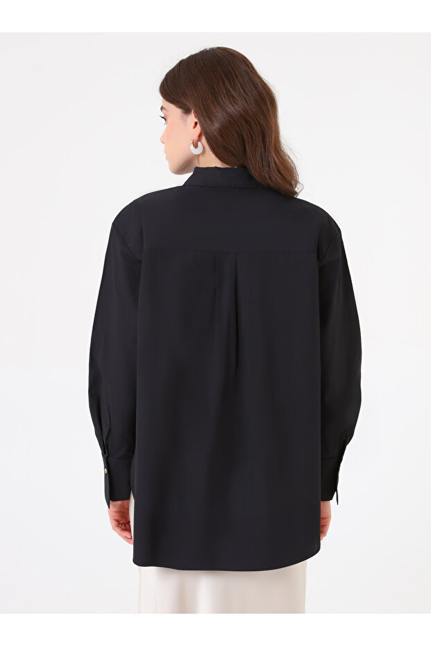 Geniş Manşetli Basic Poplin Gömlek - Siyah - Benin - 6