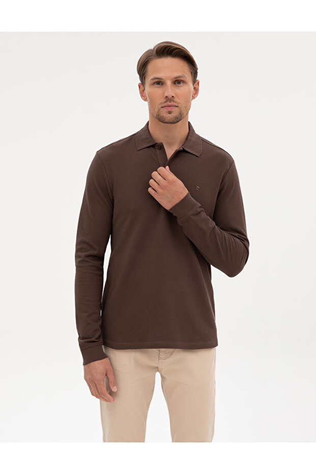 Dark Brown Slim Fit Non-Curling Polo Collar Basic Pique Sweatshirt 50314048-Vr084