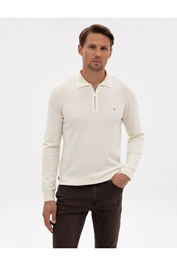 Ecru Slim Fit Zippered Polo Collar Basic Knitwear Sweater 50314191-Vr019