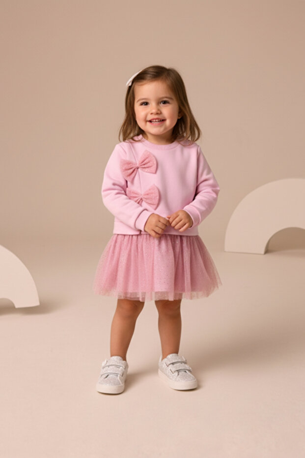 Mevsimlik Uzun Kollu %100 Pamuk Astarlı Kız Bebek Tüllü Elbise - 1