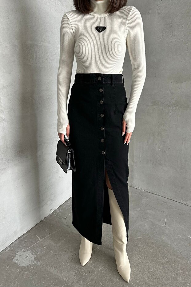 Women's Ankle-Length Long Slit Slim Black Denim Skirt