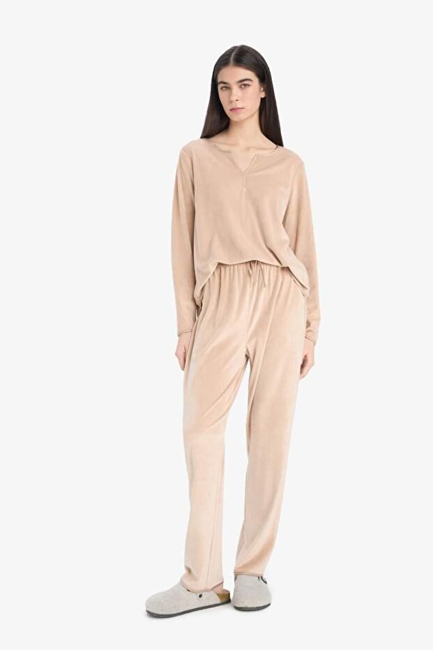 Pijama Takımı Regular Fit Uzun Kollu Velur Üst Uzun Alt-Fall in Love A3356AX25AU - 3