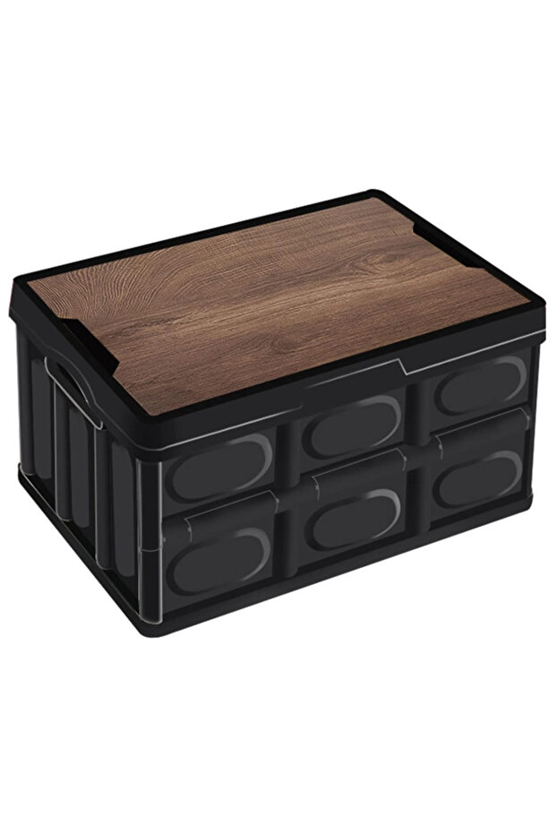 AUTO FAMILY Foldable Plastic Storage Box, Wooden Cover 55L, Thickened Foldable Storage (Black - 55L)