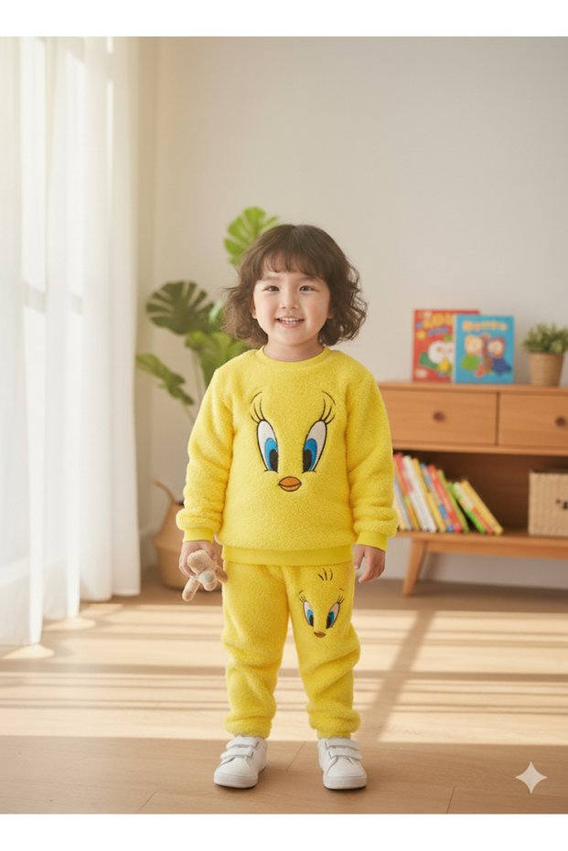 Girl's Plush Top and Bottom Set Tweety Vibrant Yellow Soft