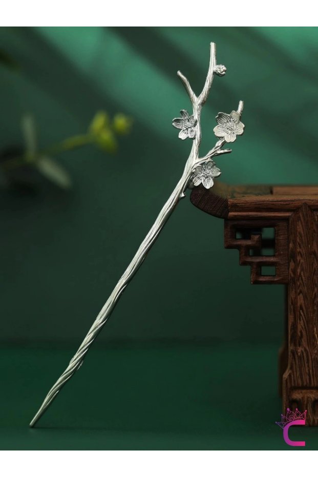 Twig Design Floral Japanese Bun Barrette 18cm Silver Color - Vintage Women Metal Hair Stick Bun Barrette