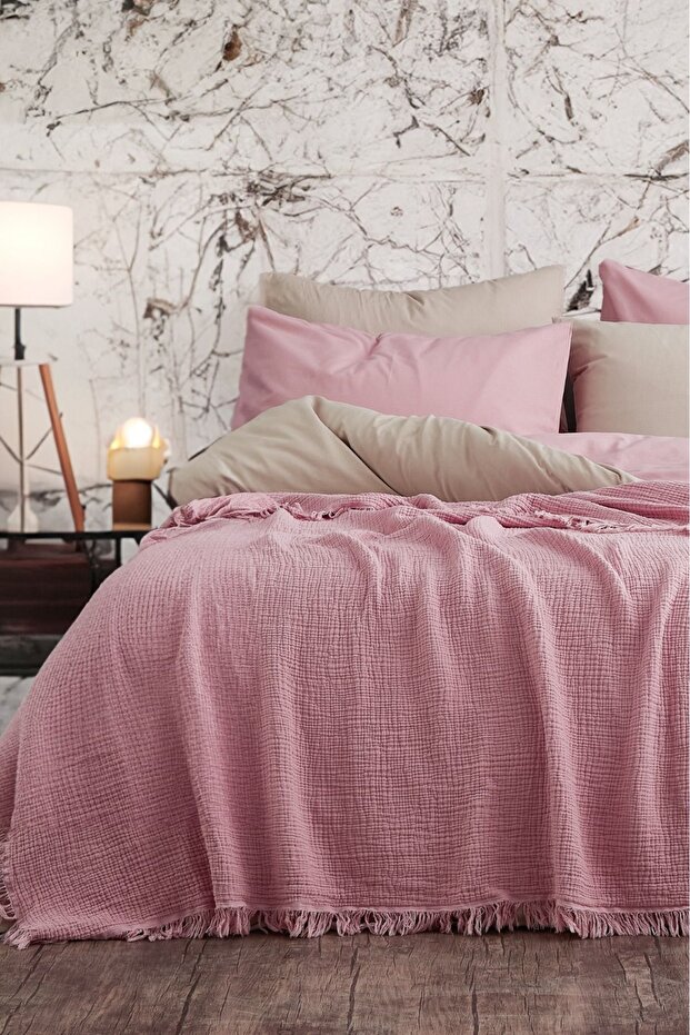 Pink 4-Layer Muslin 100% Cotton Piqué - Bedspread - TV Blanket 200x220
