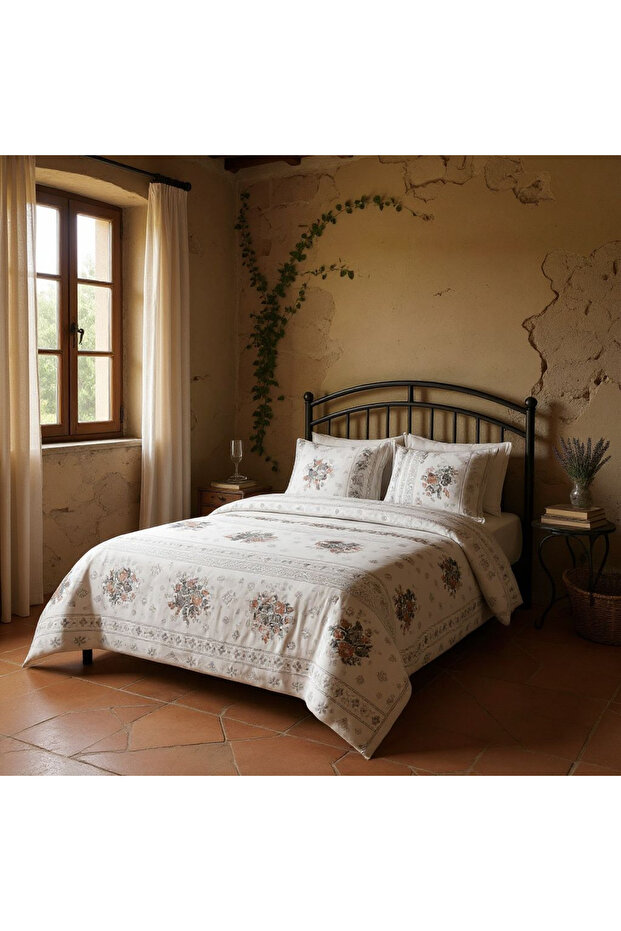 طقم غطاء لحاف من قماش رانفورس مطرز بالزهور البيضاء لشخص واحد