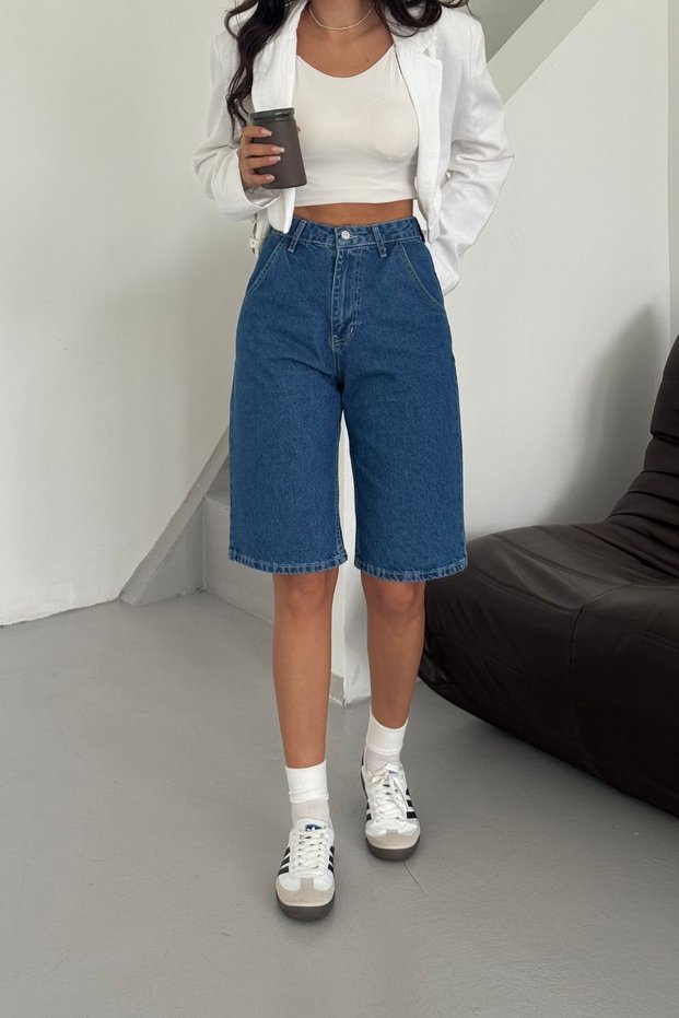 Women's Jeans Knee Length Summer Loose Navy Blue Denim Shorts