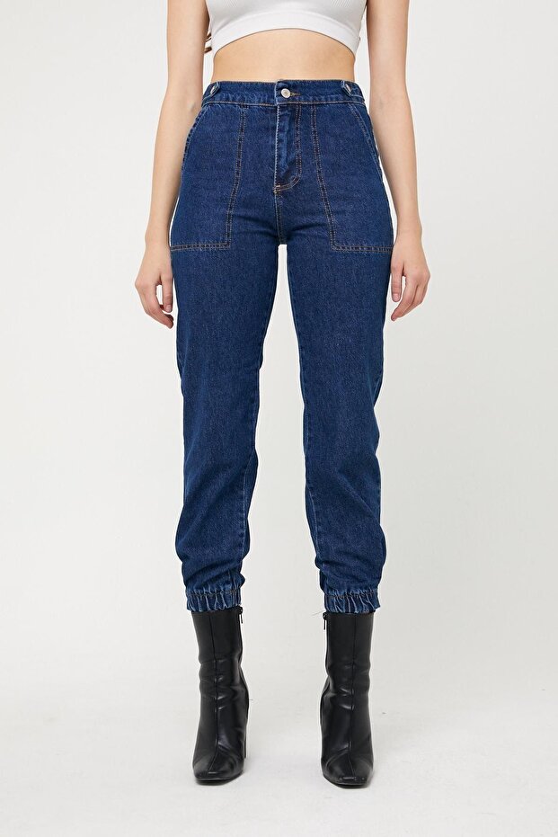 Women's Basic Waist Elastic Blue Denim Jogger Pants