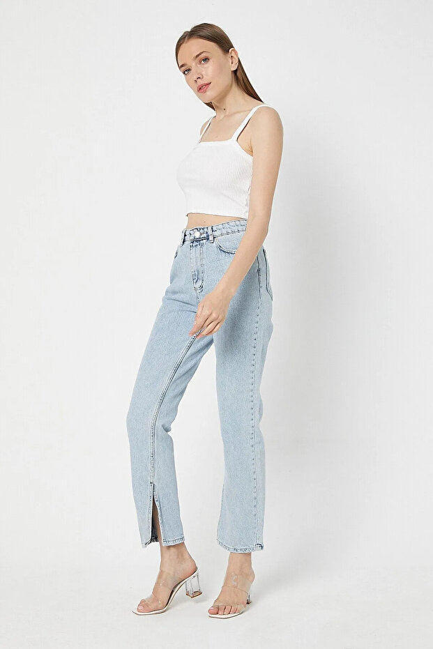 Women's Inside Slit Mom Fit Blue Jeans Trousers