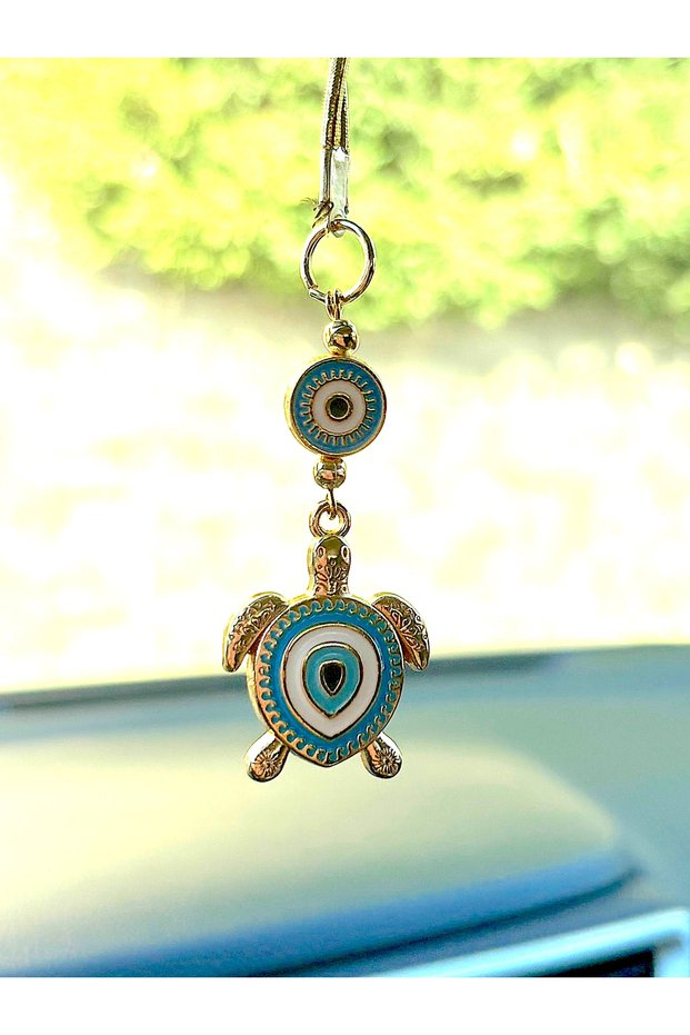 Gilded Blue Turtle Metal Evil Eye Beaded Car Mirror Ornament Car Charm Evil Eye Protection