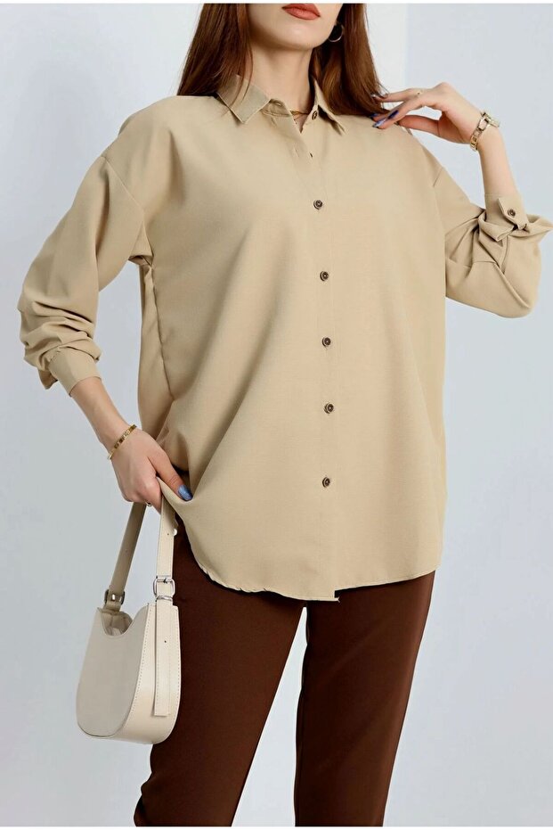 Oversize Koyu Bej Gömlek - 2