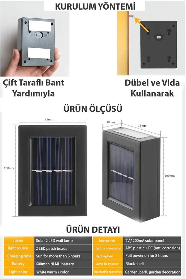 2Adet Solar Çift Taraflı Aplik Duvar Lamba - 4