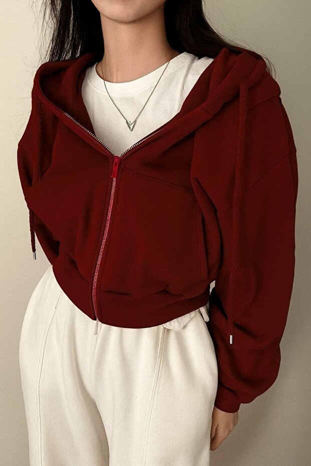 Crop Model Zippered Hooded Thick Fabric Burgundy Short Sweatshirt