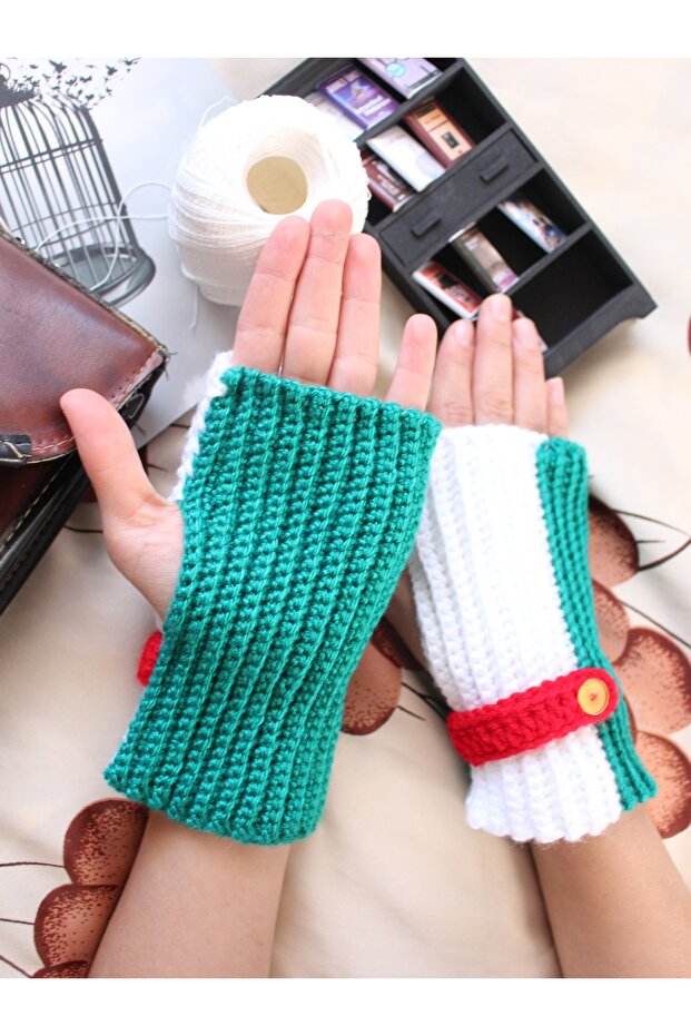 قفازات شتوية مصنوعة يدويًا بدون أصابع باللون الأزرق السميك - 5