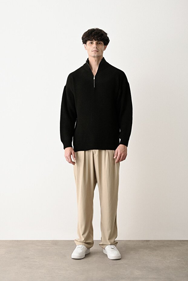 Fermuarlı Siyah Dik Yaka Basic Oversize Kazak - 3