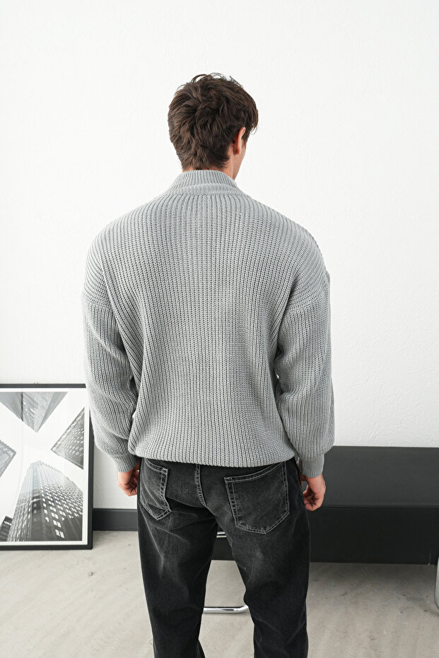 Fermuarlı Gri Dik Yaka Basic Oversize Kazak - 5