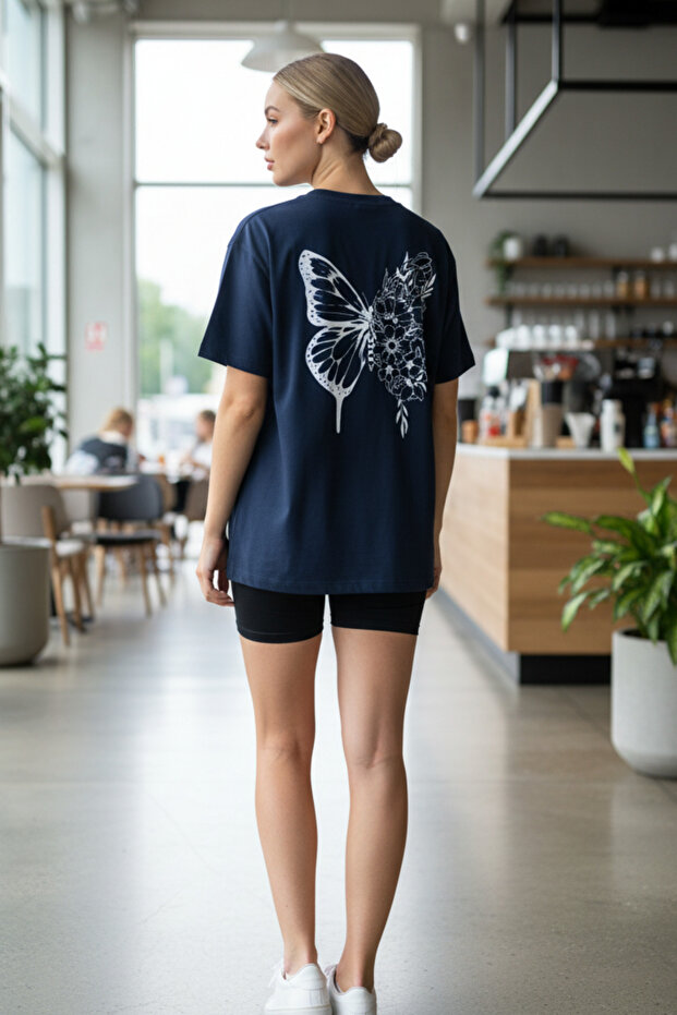 Oversize Crew Neck T-Shirt with Butterfly Print on the Back