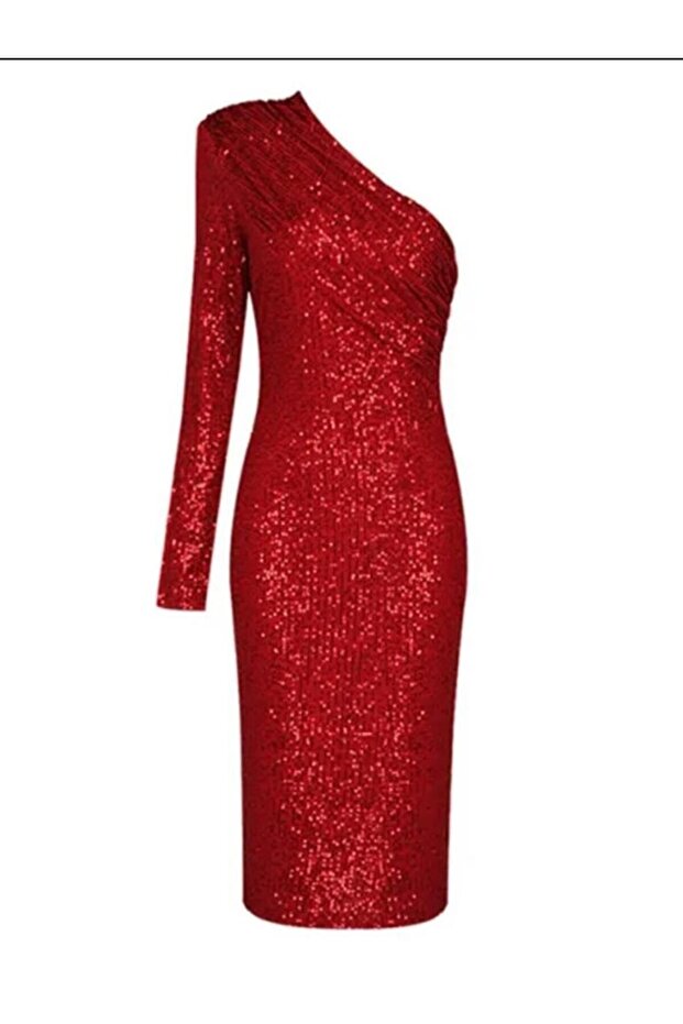 Lüks Designer Tek Omuzlu Payet Sequins Elbise Gece Parti Davet Özel Davet Elbise - 8