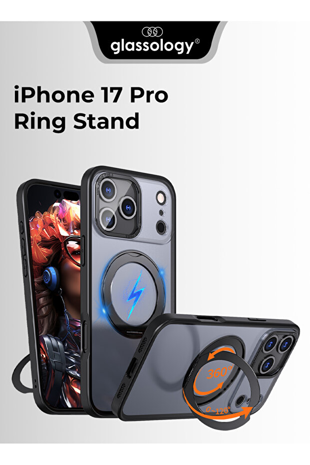 360° Rotating Ring Stand Magnetic Case Compatible with iPhone 17 Pro – Black