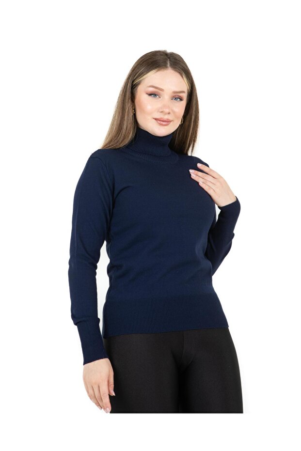 Gâtul roșu basic Pulover bleumarin - 4