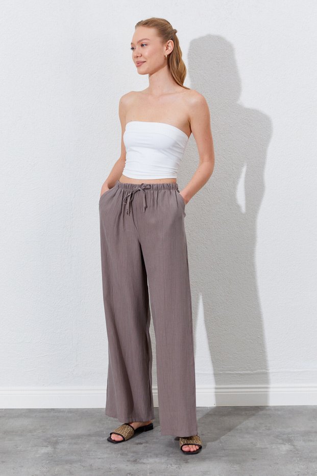 Elastic Waist Palazzo Modal Trousers - Mink | Ek100661832