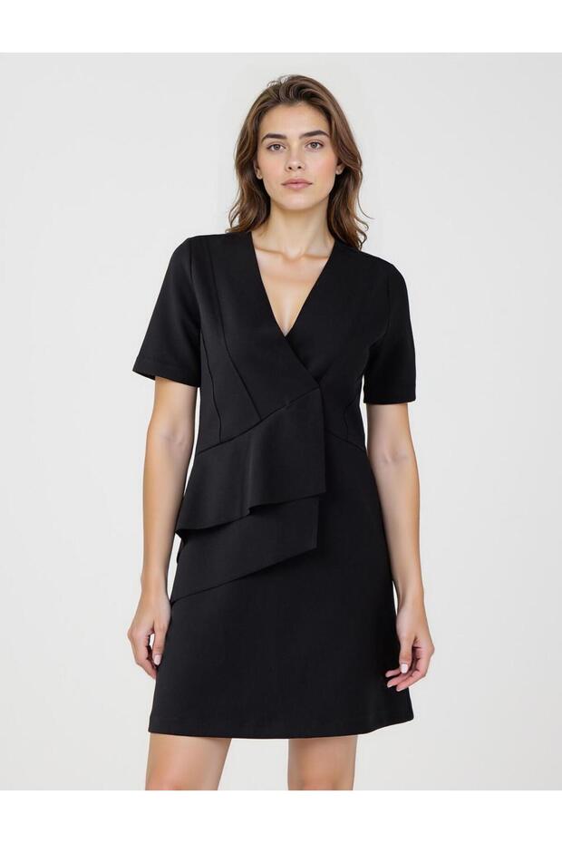 Siyah V Yaka Dirsek Kol Örme Mini Elbise - 1