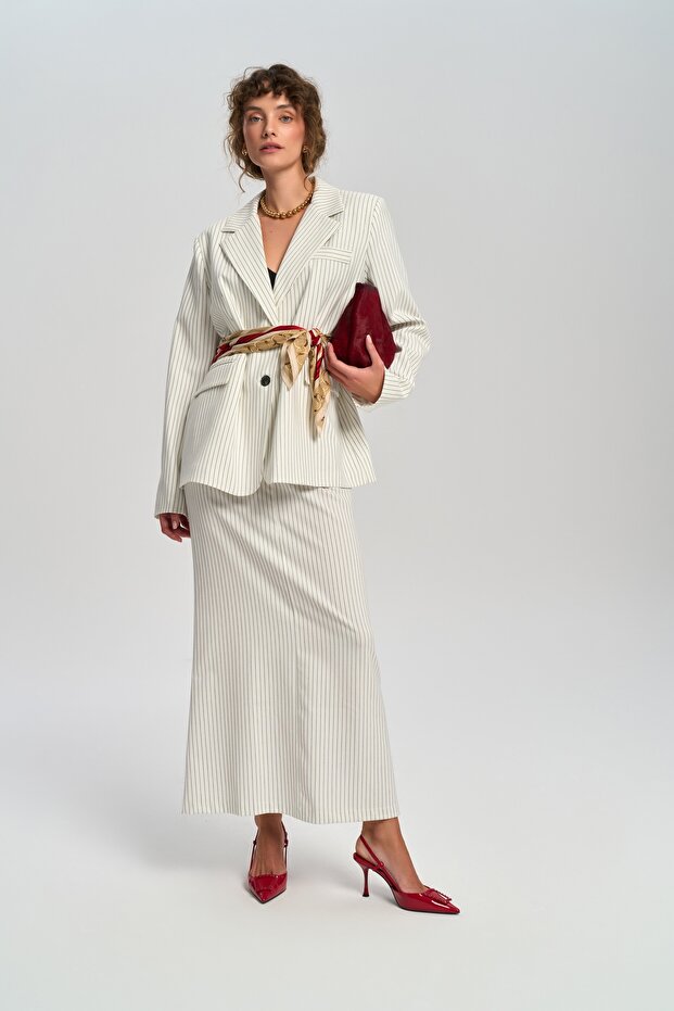 Bruno Çizgili Ekru Blazer - 7