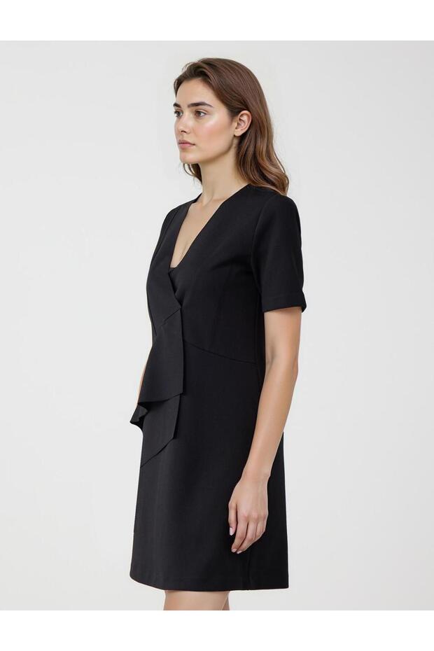 Siyah V Yaka Dirsek Kol Örme Mini Elbise - 3