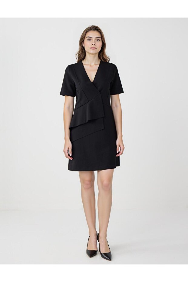Siyah V Yaka Dirsek Kol Örme Mini Elbise - 2