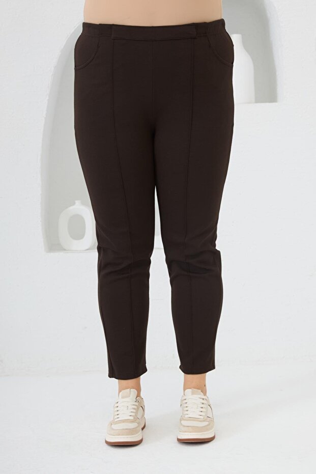 Elastic Waist Ribbed Large Size Brown Steel Knitted Trousers