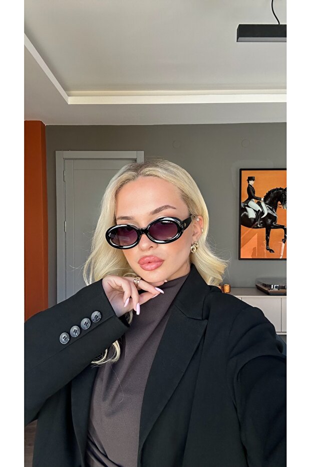 Women's Sunglasses Ellipse Design Black Frame Black Glass