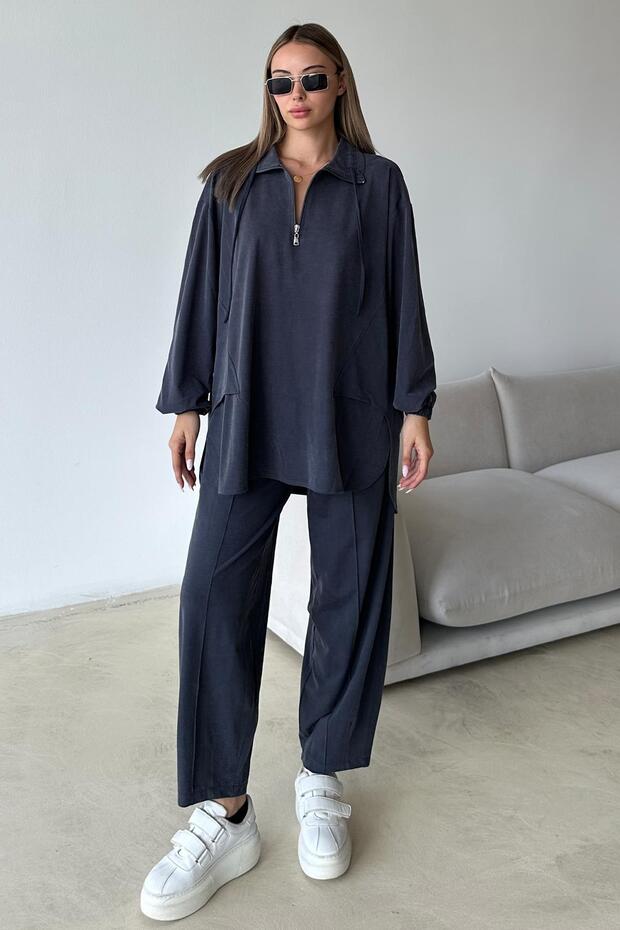 Premium Knitted Fabric Tunic Pants Set with Zipper Detail at the Collar Indigo 9375-Tk