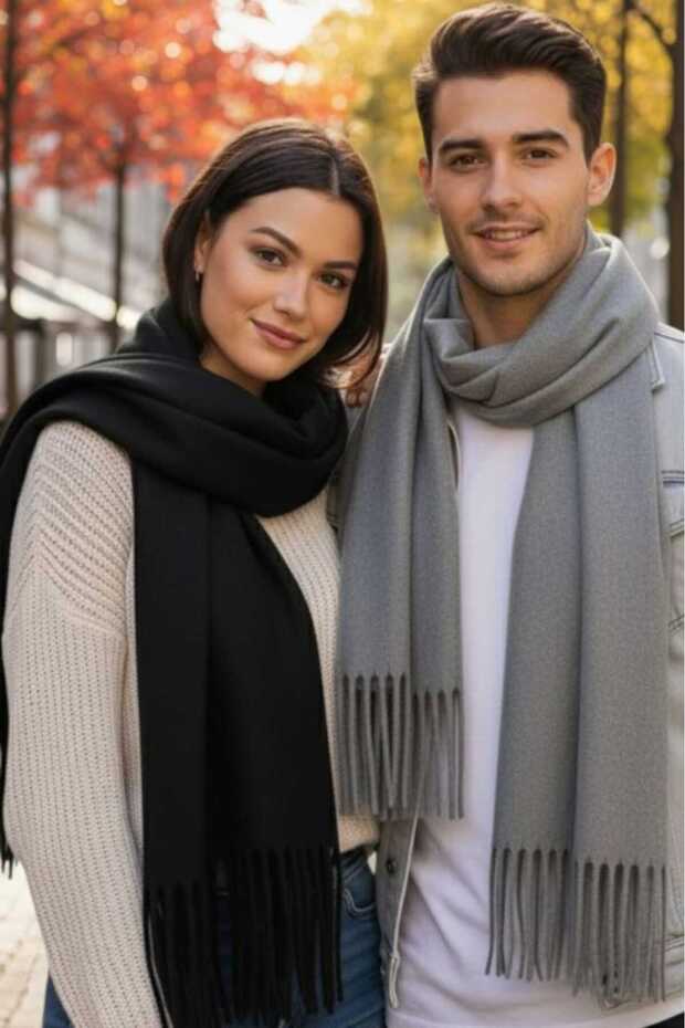 Unisex Soft Textured Tasseled Winter Boucle Scarf Shawl Set of 2