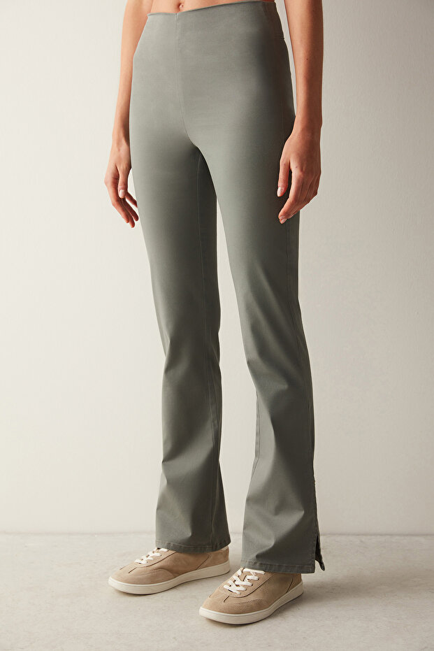 Khaki High Waist Jean Look Flare Flared Leg Trousers